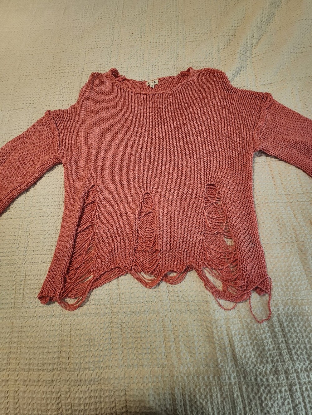 POL Shredded Distressed Open-Knit Pink Women's Sweater Oversized Small